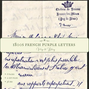 Puede incluir: Cartas francesas antiguas de la década de 1800, escritas en tinta púrpura sobre papel envejecido. La imagen incluye el texto "1800s French Purple Letters" y "Vintage & History". Las cartas presentan una elegante caligrafía cursiva y detalles históricos.