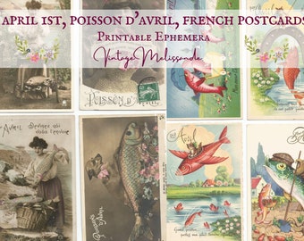 1.April, Poisson d'Avril Französische Vintage Postkarten, bedruckbar, digital, Download, Ephemera, Collage, Journal, Handwerk, Scrapbook, Vintage