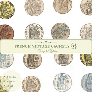 May include: A collection of vintage French stamps featuring a woman holding scales of justice. The stamps are circular and have a variety of colours, including brown, blue, and yellow. The text on the stamps includes "Timbre" and "2/48 en sus cen".