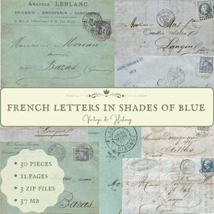 Lettres dans les tons de bleu avec timbres, années 1800, XIXe siècle, éphémères historiques imprimables en papier de France, TÉLÉCHARGEMENT NUMÉRIQUE IMMÉDIAT
