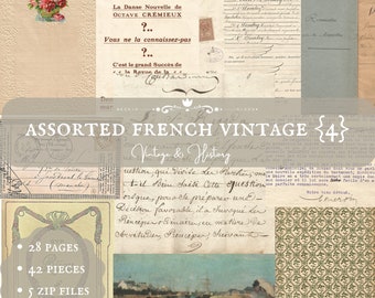 May include: A collage of vintage French images, including a musical score, a certificate, and a handwritten letter. The collage is titled "Assorted French Vintage {4} Vintage & History" and includes the text "28 Pages, 42 Pieces, 5 Zip Files, 80 MB".