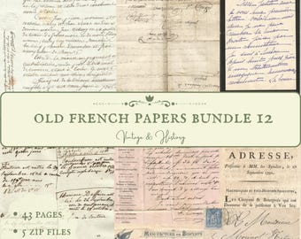 May include: A digital collage of 12 vintage French papers with handwritten text in black ink. The papers are aged and have a yellowed appearance. The text includes words like "Adresse" and "Lefèvre Allite". The title "OLD FRENCH PAPERS BUNDLE 12" is written in green text with a decorative border. The text "Vintage & History" is written in smaller green text below the title.