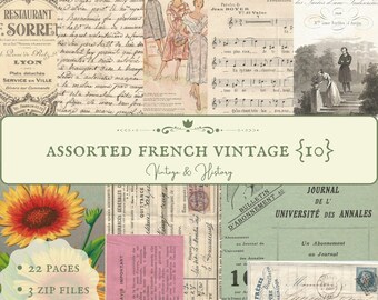 Assorted French vintage ephemera {Bundle 10}, 38 pieces, printable historical paper ephemera from France, journals, INSTANT DIGITAL DOWNLOAD