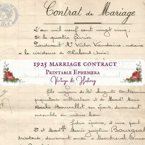 1925 Marriage contract, printable, digital, ephemera, collage, journal, craft, scrapbook, vintage INSTANT DOWNLOAD