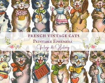 May include: A printable sheet of vintage French illustrations of cats. The cats are depicted in various poses and activities, including playing music, holding flowers, and drinking tea. The sheet is titled "French Vintage Cats Printable Ephemera Vintage & History".