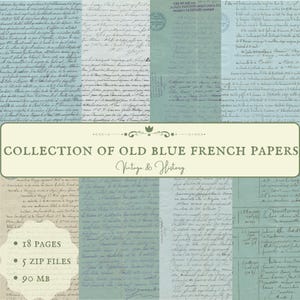 Collection of 18 antique handwritten French documents in shades of blue, printable paper ephemera, manuscripts from France, INSTANT DOWNLOAD