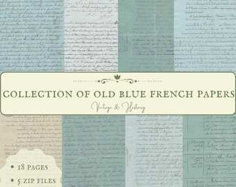 Collection of 18 antique handwritten French documents in shades of blue, printable paper ephemera, manuscripts from France, INSTANT DOWNLOAD
