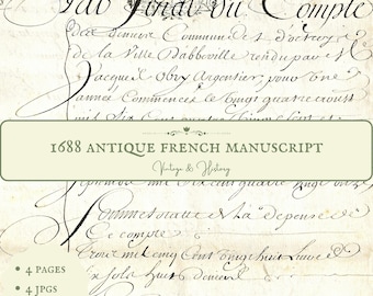 1688 antique handwritten French document with beautiful calligraphy, printable paper ephemera, manuscript from France, digital download