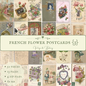 Cartões postais de flores franceses {3}, início dos anos 1900, itens efêmeros de papel para impressão da França, vintage, colagem, diários, álbuns de recortes, DOWNLOAD INSTANTÂNEO