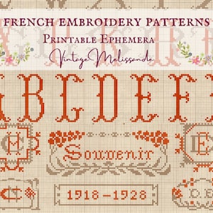 Puede incluir: Patrones de bordado francés, efímeras imprimibles vintage Melissande. Un conjunto de letras del alfabeto A, B, C, D, E, F, G y H en naranja sobre un fondo beige. Las letras están rodeadas de bordes y diseños decorativos. El texto "Souvenir" también está incluido en el diseño.