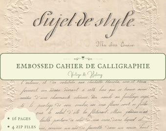 May include: A vintage, embossed, green and white paper notebook with the title "Embossed Cahier de Calligraphie Vintage & History" and the text "Sujet de style Ma chère Consine."  The notebook contains 16 pages and is available as 4 zip files, totalling 72 MB.