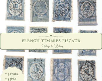 Antique French fiscal stamps in blue and beige, timbres fiscaux, printable paper ephemera from France, journal supplies, digitial download