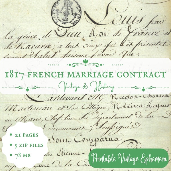 1817 Marriage contract, old French documents, printable, digital ephemera, journal, craft, scrapbook, vintage INSTANT DOWNLOAD