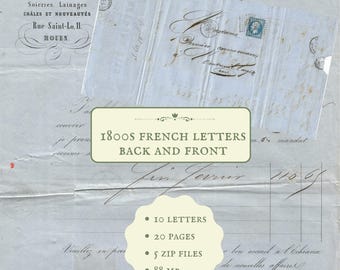 1800s antique French letters, both front and the back, fussy cut, printable paper ephemera from France, history, digital download