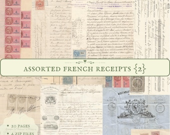 May include: A collage of vintage French receipts and stamps. The collage features handwritten text, stamps, and decorative elements. The text includes the words "Assorted French Receipts" and "La Providence".