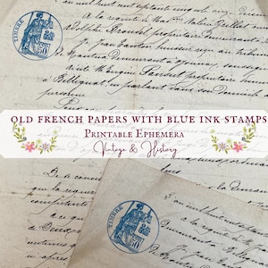 1800s French papers with blue ink stamps, printable ephemera, junk journals, scrapbook, art, vintage, INSTANT DOWNLOAD