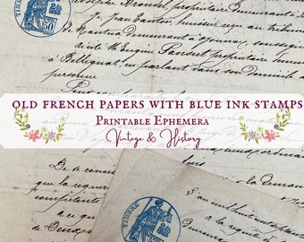 Peut inclure: Vieux papiers français avec des timbres à l'encre bleue. Les papiers sont délavés et contiennent du texte manuscrit en français. Les timbres représentent une femme tenant une balance et le texte "TIMBRE 24c ENBUS 50c".