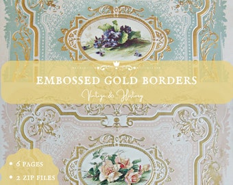 Decorative borders embossed with gold, flowers, French vintage printable paper ephemera, journal kits, INSTANT DOWNLOAD