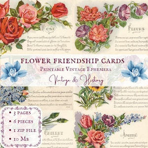 Cartes postales de fleurs d'amitié vintage françaises, imprimables, vintage, papier éphémères, numériques, journaux, techniques mixtes, TÉLÉCHARGEMENT IMMÉDIAT