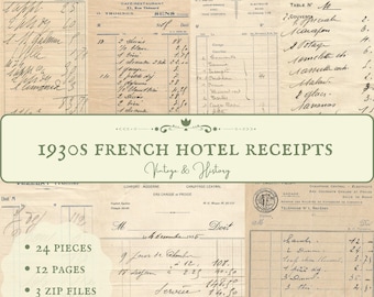 Peut inclure: Un collage de reçus d'hôtel français vintage des années 1930. Les reçus sont écrits à la main en français et présentent des détails tels que les tarifs des chambres, les services et les dates. L'image comprend le texte "1930s French Hotel Receipts Vintage & History".