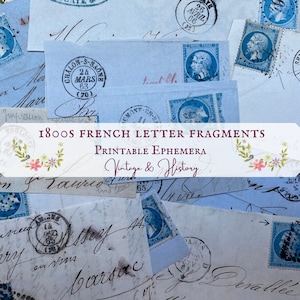 Fragmentos de cartas del siglo XIX, sellos franceses azules, manuscritos, caligrafía, imprimibles, vintage, efímeras, digitales, diarios, descarga instantánea.