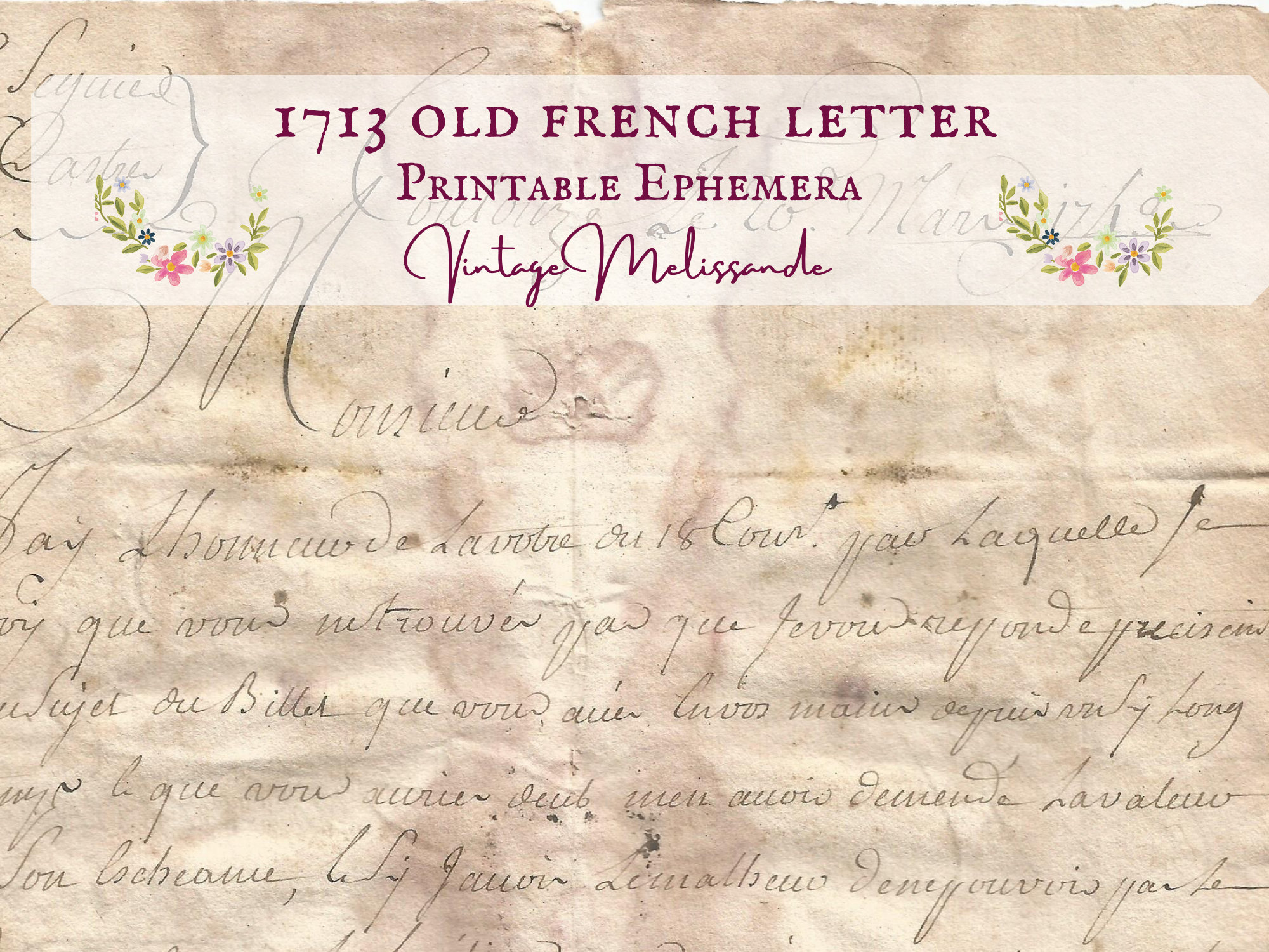 1713 French letter, printable, vintage, ephemera, digital, journals