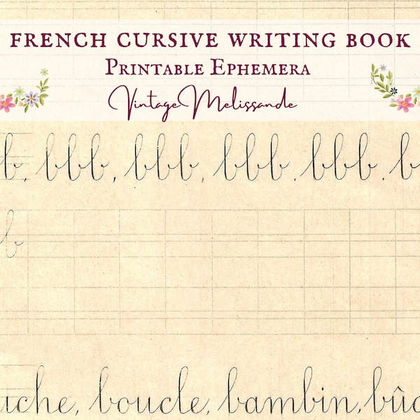 French cursive writing practice book, printable, vintage, ephemera, digital, journals