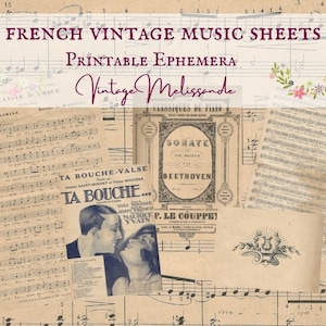 Printable French music sheets, partitions, digital, download, ephemera, collage, journal, craft, scrapbook, vintage