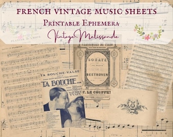 May include: Vintage music sheet ephemera with a collage of French sheet music, including a piece titled "Ta Bouche" and a classical piece by Beethoven. The ephemera is printed on aged paper with a brown background.