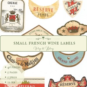 Könnte beinhalten: Eine Sammlung von Vintage-französischen Weinetiketten mit verschiedenen Designs und Texten, darunter "COGNAC", "RESERVE", "ENTRE-DEUX-MERS", "CÔTES-DU-RHÔNE", "GRAND AROME" und "CHÂTEAU DE MALIJAY".