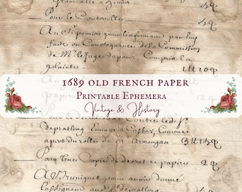 1689 French paper, handwritten, calligraphy, printable, vintage, ephemera, journals, INSTANT DOWNLOAD