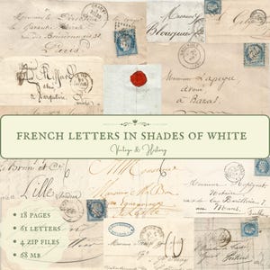 French letters in shades of white, printable historical vintage paper ephemera from France, digital download journal supplies