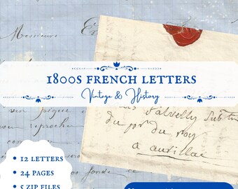 以下が含まれることがあります： 1800 年代のフランスのヴィンテージレター 12 枚のデジタルダウンロード。レターは、赤いワックスシールが付いた、古くなった紙に草書体で書かれています。レターは、24 ページ、5 つの zip ファイル、86 MB のデータを含む、印刷可能なヴィンテージエフェメラコレクションの一部です。