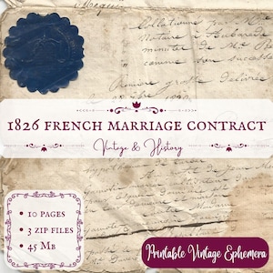 1826 Marriage contract, old French documents, printable, digital ephemera, journal, craft, scrapbook, vintage INSTANT DOWNLOAD