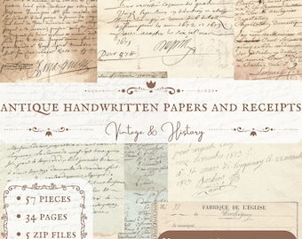 May include: A collage of antique handwritten papers and receipts. The image features various aged documents with faded ink and signatures. Text includes "Antique Handwritten Papers and Receipts," "Vintage & History," and "Printable Vintage Ephemera."