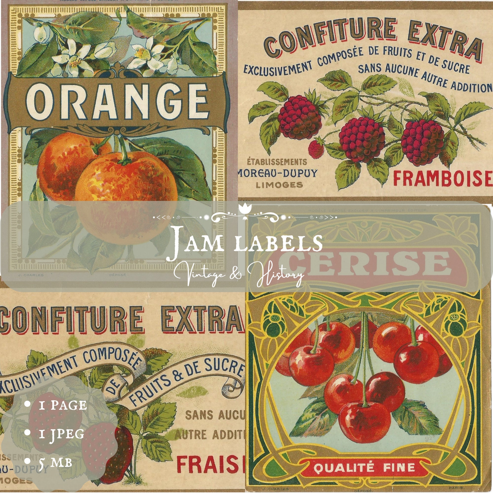 French jam labels, confiture, orange, cherry, strawberry, raspberry, printable vintage paper ephemera from France, INSTANT DIGITAL DOWNLOAD