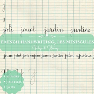 Può includere: Un foglio di lavoro con esercizi di calligrafia francese per le lettere minuscole. Il foglio di lavoro è su uno sfondo di carta a quadretti verde e bianco. Le parole "French Handwriting, Les Miniscules" sono scritte in nero nella parte superiore della pagina. Le parole "Vintage & History" sono scritte in nero sotto il titolo. Le parole "joli, jouet, jardin, justice" sono scritte in nero nella parte superiore della pagina. Le parole "jeune, joint, jour, enjoué, jaune, justice, jalon, ajusteur" sono scritte in nero nella parte inferiore della pagina. La lettera minuscola "y" è scritta in nero sul lato destro della pagina. Le parole "21 Pages, 5 Zip Files, 76 MB" sono scritte in nero sul lato sinistro della pagina.