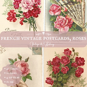 Roses, 40 cartes postales de fleurs françaises, début des années 1900, éphémères vintage en papier imprimable de France, fournitures de journal numérique, TÉLÉCHARGEMENT IMMÉDIAT