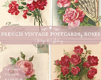 Roses, 40 French flower postcards, early 1900s, printable paper vintage ephemera from France,  digital journal supplies, INSTANT DOWNLOAD