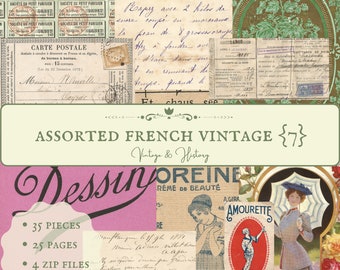 May include: Assorted French vintage images, including postcards, stamps, and advertisements. The images are in various colors, including green, blue, red, and white. The text on the images is in French. The title of the collection is "Assorted French Vintage".