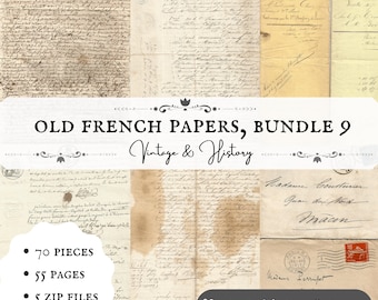 Peut inclure: Un collage de vieux papiers français, avec du texte manuscrit et des timbres, intitulé "Old French Papers, Bundle 9 Vintage & History". Le texte sous le titre indique le nombre de pièces, de pages, de fichiers zip et de mégaoctets inclus dans le lot. Le texte "Printable Vintage Ephemera" est en bas du collage.