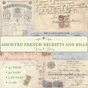 Peut inclure: Un collage de reçus et de factures français vintage, avec du texte manuscrit, des timbres et du papier décoloré. L'image comprend le texte "ASSORTED FRENCH RECEIPTS AND BILLS" et "Vintage & History".