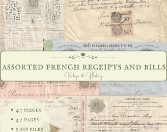Peut inclure: Un collage de reçus et de factures français vintage, avec du texte manuscrit, des timbres et du papier décoloré. L'image comprend le texte "ASSORTED FRENCH RECEIPTS AND BILLS" et "Vintage & History".