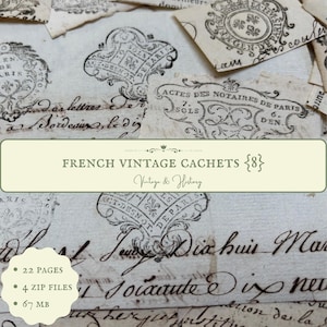 May include: A collection of aged paper ephemera with French text and stamps. The image features various vintage cachets, with the text "French Vintage Cachets" and "Vintage & History". Additional details include "22 pages", "4 zip files", and "67 MB".