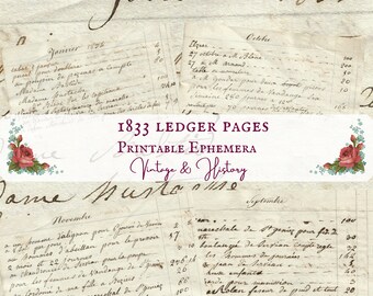 Ledger pages from 1833, 12 months, French paper, handwritten, calligraphy, printable, vintage, ephemera, digital, journals, INSTANT DOWNLOAD