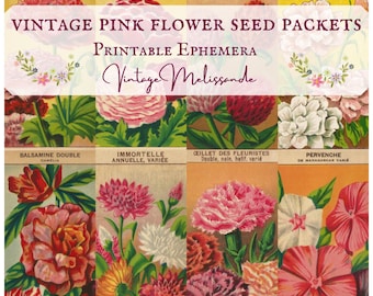 Pink flower seed packets, printable, French vintage, ephemera, digital, junk journals, craft, scrapbooking, art, nature