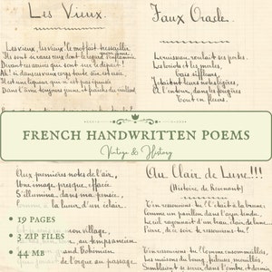 Poesie francesi scritte a mano, effimeri di carta stampabile dalla Francia, diari romantici, DOWNLOAD DIGITALE IMMEDIATO