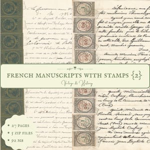Puede incluir: Una colección de 27 manuscritos franceses antiguos con sellos. Las páginas están llenas de texto escrito a mano y presentan varios sellos del siglo XIX. El texto incluye palabras y frases francesas, como "Procurani de la Regenblég" y "quarto, madeniniselle".