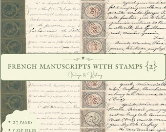 May include: A collection of 27 vintage French manuscripts with stamps. The pages are filled with handwritten text and feature various stamps from the 19th century. The text includes French words and phrases, such as "Procurani de la Regenblég" and "quarto, madeniniselle".