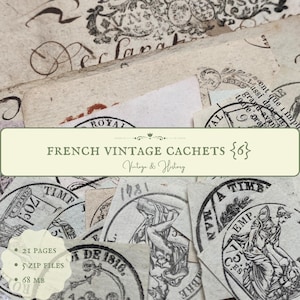 Può includere: Una collezione di francobolli francesi vintage con disegni in inchiostro nero su carta bianca. I francobolli presentano immagini di persone, animali e testo. Il testo sui francobolli include "French Vintage Cachets", "Vintage & History", "21 Pages", "5 Zip Files" e "68 MB".